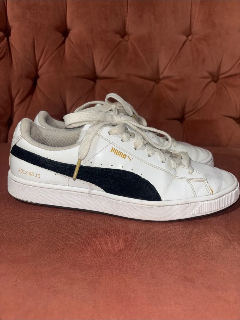 BTS X Puma basket white patent leather low top sneakers flower sole men’s 7.5